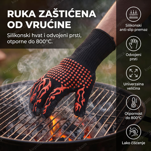 rukavice za roštilj — ruka sa rukavicom drži vrelu rešetku roštilja, benefiti proizvoda