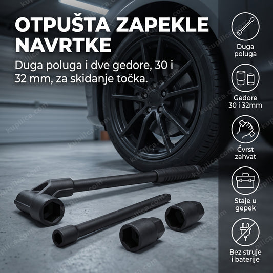 Ruski ključ sa gedorama otpušta navrtku točka pored automobila u garaži