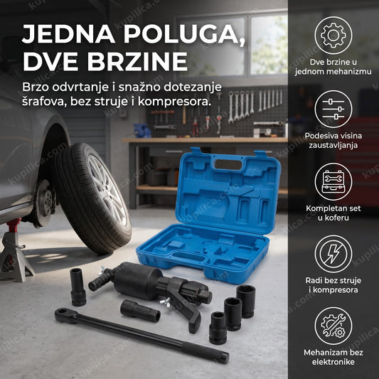 Ruski ključ za skidanje točkova sa dve brzine u garaži pored automobila, benefiti proizvoda