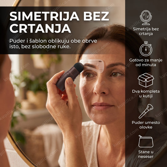 šablon za obrve - žena nanosi puder preko šablona na obrvu, benefiti proizvoda