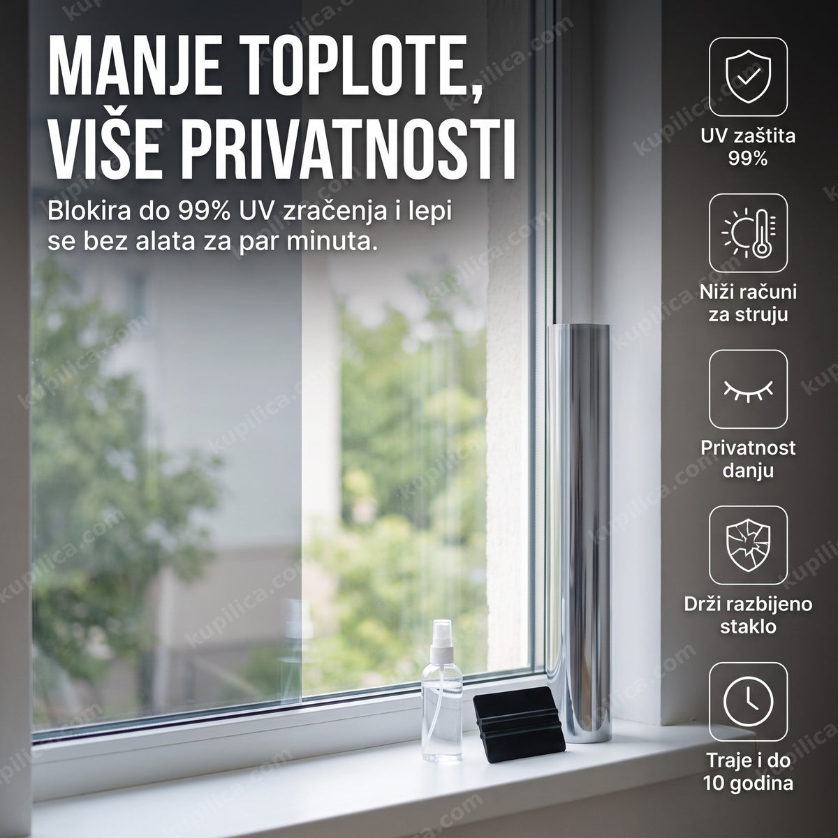 samolepljiva folija za prozore sa UV zaštitom na prozorskoj dasci sa raspršivačem i strugalicom