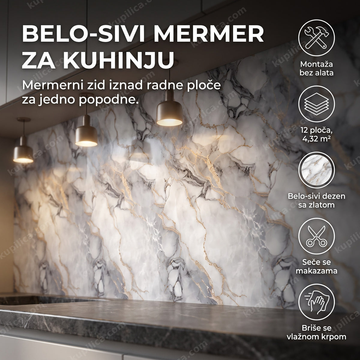 samolepljiva pvc zidna ploča mermer belo-sivi iznad radne ploče u kuhinji