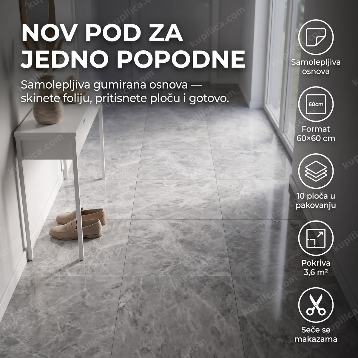 pod hodnika obložen samolepljivim pločama sivog mermera sa sjajnom površinom