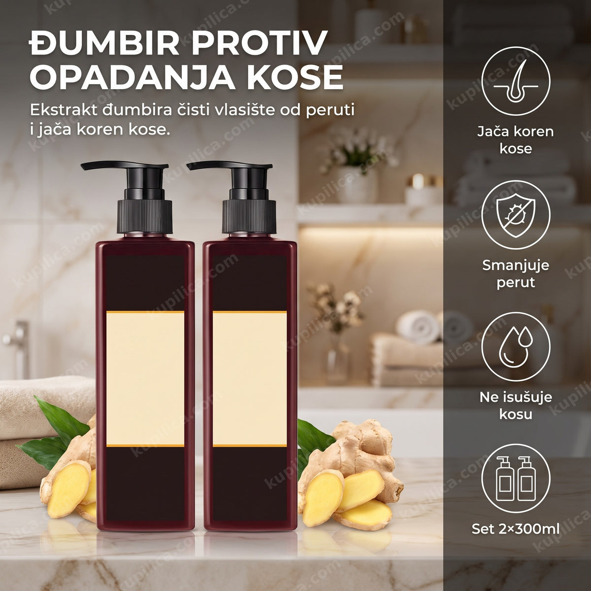 Šampon sa đumbirom u tamnocrvenim bočicama sa praznim etiketama, koren đumbira pored