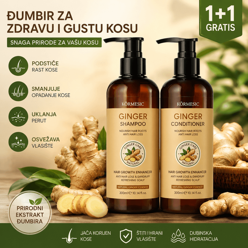 šampon i regenerator sa đumbirom pored svežeg korena đumbira