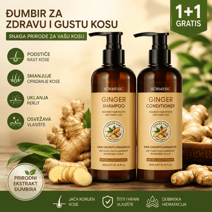 šampon i regenerator sa đumbirom pored svežeg korena đumbira