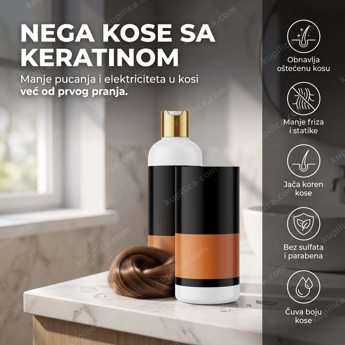 Bočica šampona sa keratinom na stočiću u kupatilu za glatku sjajnu kosu