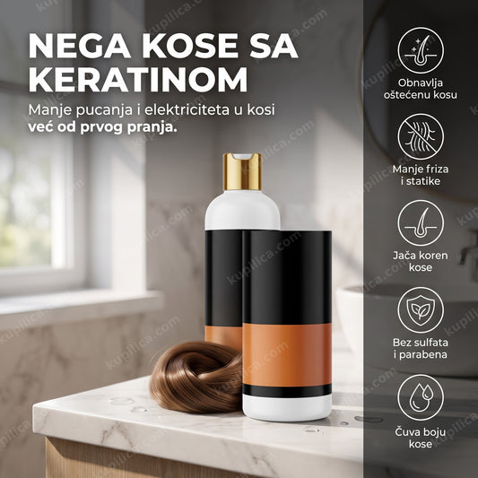 Bočica šampona sa keratinom na stočiću u kupatilu za glatku sjajnu kosu