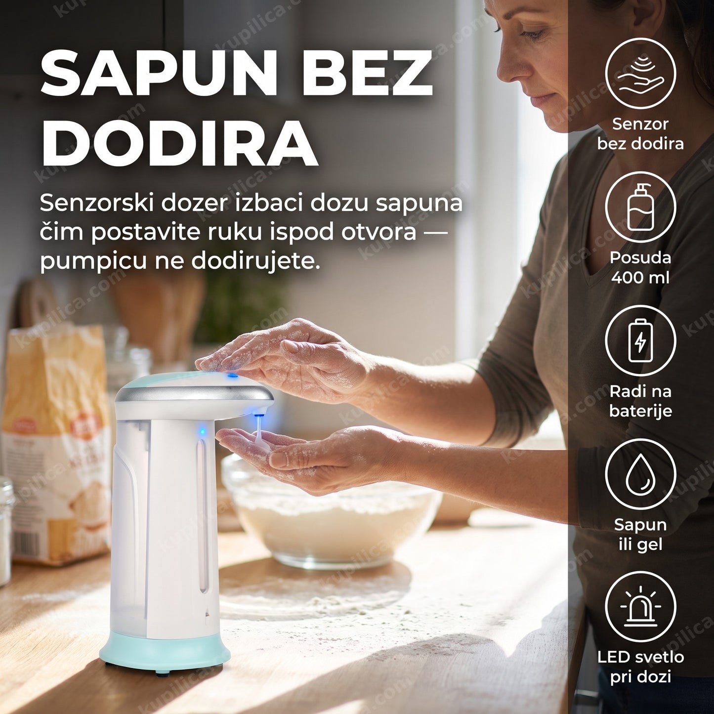 sapun bez dodira — beskontaktni senzorski dozer za sapun Xwave SuperClean 400 u kuhinji, benefiti proizvoda