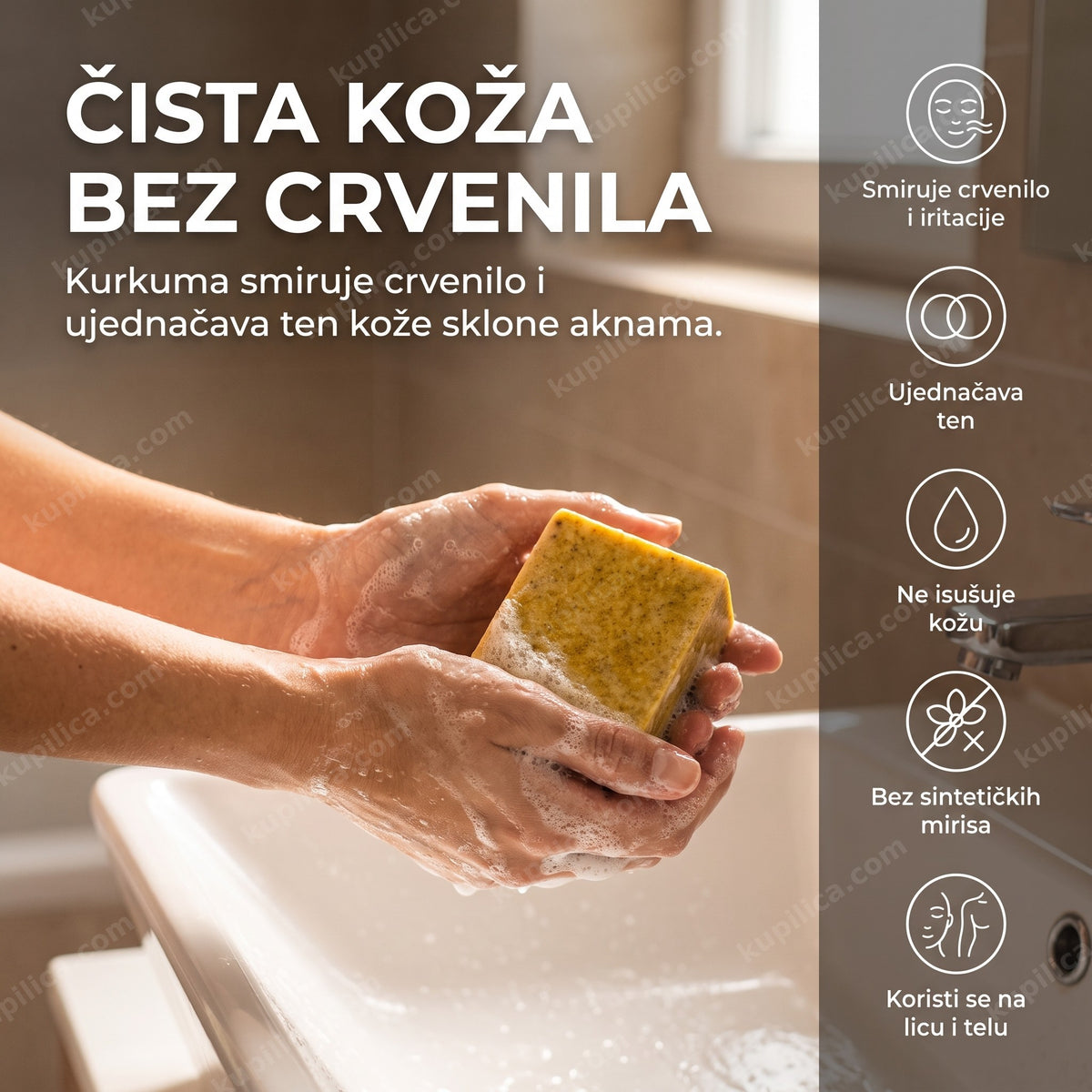 prirodni sapun od kurkume u peni na rukama u kupatilu, prikaz benefita proizvoda