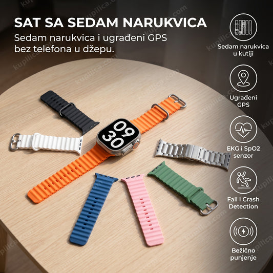 Sat sa sedam narukvica u bojama poređan flat-lay na drvenom stolu