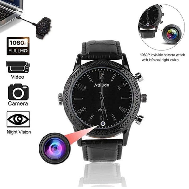 sat sa skrivenom kamerom 1080p — infografika sa ikonama night vision i uveličanim objektivom
