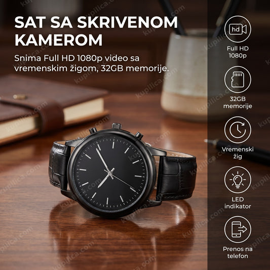 Crni sat sa skrivenom kamerom na radnom stolu i benefiti proizvoda