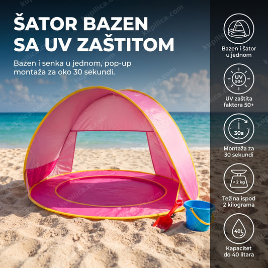 Prazan dečiji šator bazen sa UV zaštitom na plaži uz igračke, benefiti proizvoda