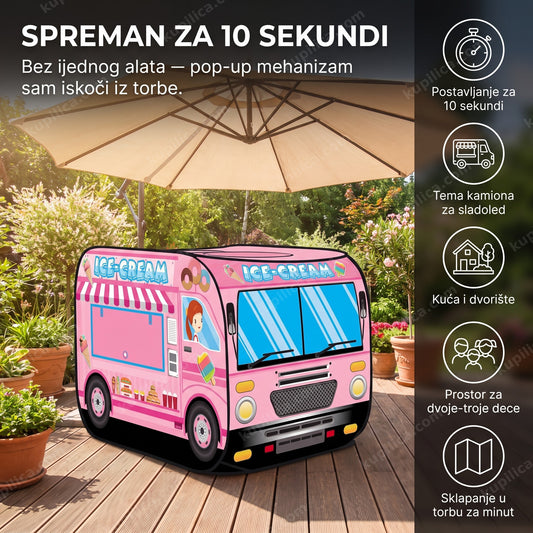 Roze pop-up šator kamion za sladoled na terasi sa suncobranom, benefiti proizvoda