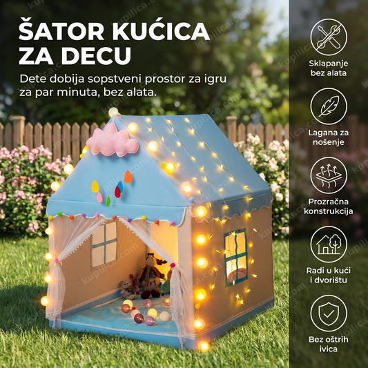 Šator kućica za decu postavljen u dvorištu na travi, benefiti proizvoda