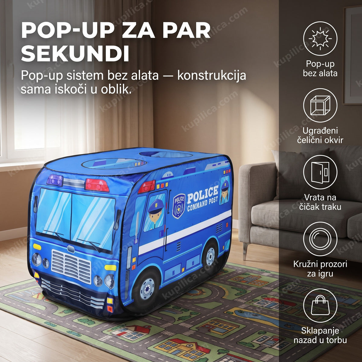 Plavi pop-up šator policijski auto pored kauča na tepihu sa putem, benefiti proizvoda