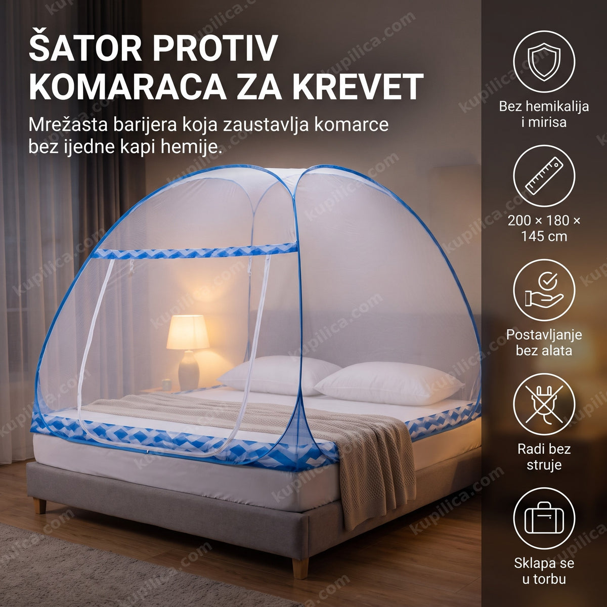šator protiv komaraca postavljen za bračni krevet u osvetljenoj spavaćoj sobi