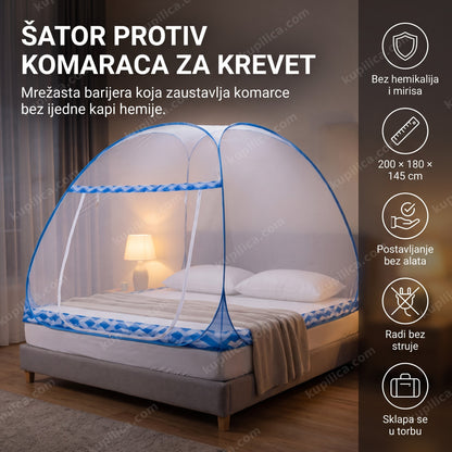 šator protiv komaraca postavljen za bračni krevet u osvetljenoj spavaćoj sobi