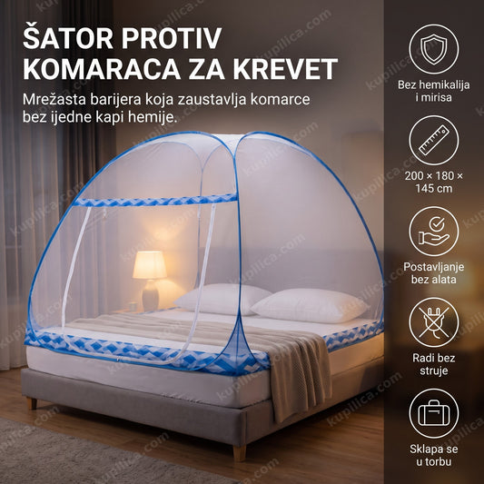šator protiv komaraca postavljen za bračni krevet u osvetljenoj spavaćoj sobi
