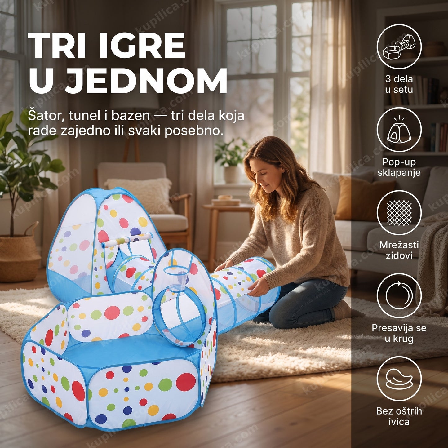 šator, tunel i bazen za loptice 3u1 plavi — pop-up set za igru u stanu, tri dela u jednom