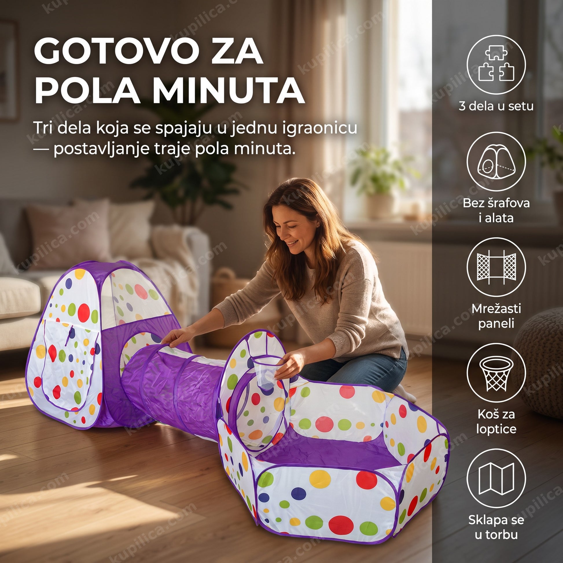 šator sa tunelom i bazenom za loptice, ljubičasti — pop-up igraonica u dnevnoj sobi, tri dela za pola minuta