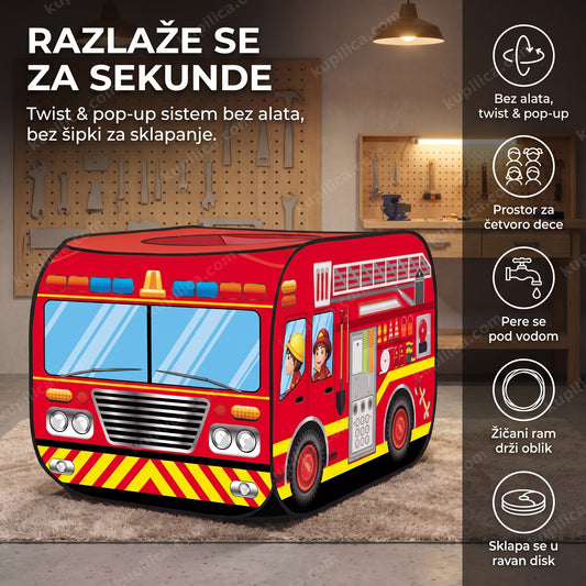 Crveni pop-up šator vatrogasno vozilo u garaži igraonici, benefiti proizvoda