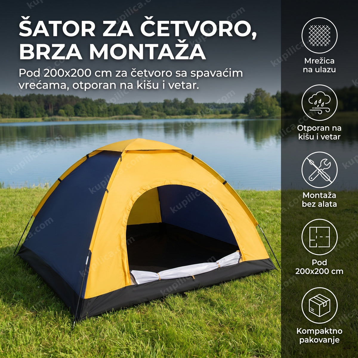 žuto-plavi šator za četvoro osoba na livadi pored jezera