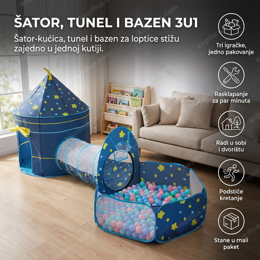 Plavi šator za decu sa tunelom i bazenom za loptice u dnevnoj sobi, benefiti proizvoda