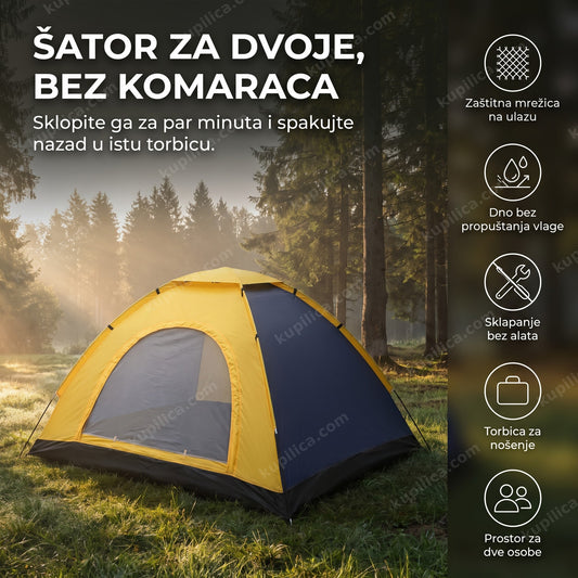 žuto-plavi šator za dve osobe sa mrežicom na ulazu u šumskoj čistini