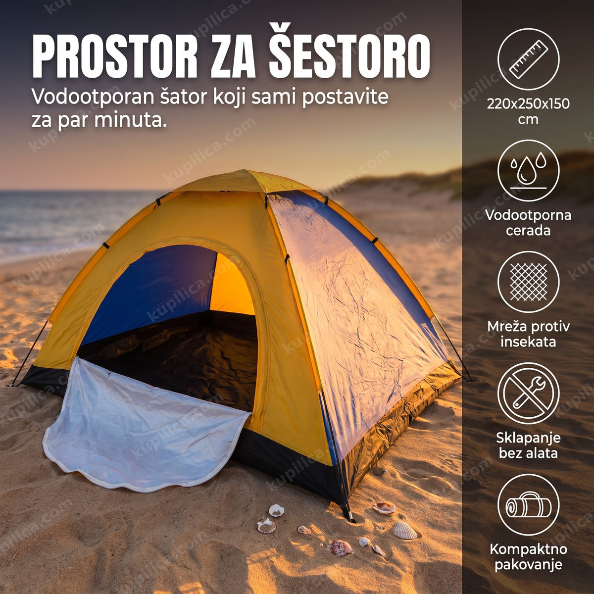vodootporan šator za kampovanje za 6 osoba na peščanoj plaži u suton