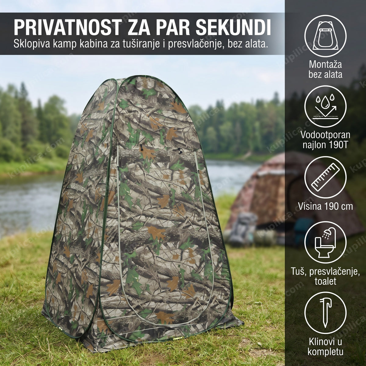 Kamuflažni šator za tuširanje postavljen u kampu pored reke, benefiti proizvoda