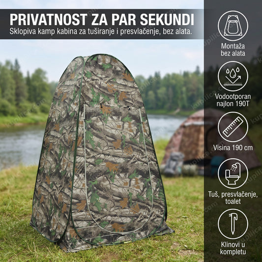 Kamuflažni šator za tuširanje postavljen u kampu pored reke, benefiti proizvoda
