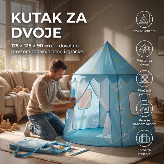 šator zamak za decu plavi — kućica za igru u dnevnoj sobi, 125×125×90 cm, prostor za dvoje dece