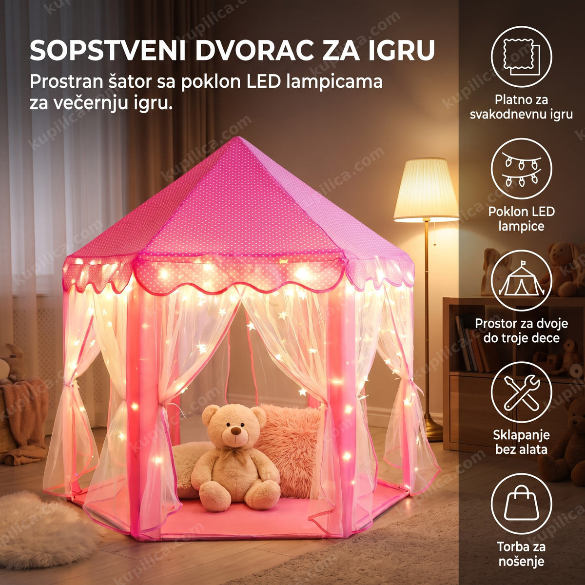 šator zamak za princeze sa poklon led lampicama u dečijoj sobi uveče, benefiti proizvoda