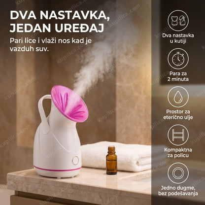 bela sauna za lice sa inhalatorom i parom na polici u kupatilu