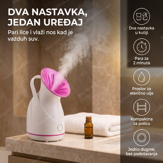 bela sauna za lice sa inhalatorom i parom na polici u kupatilu