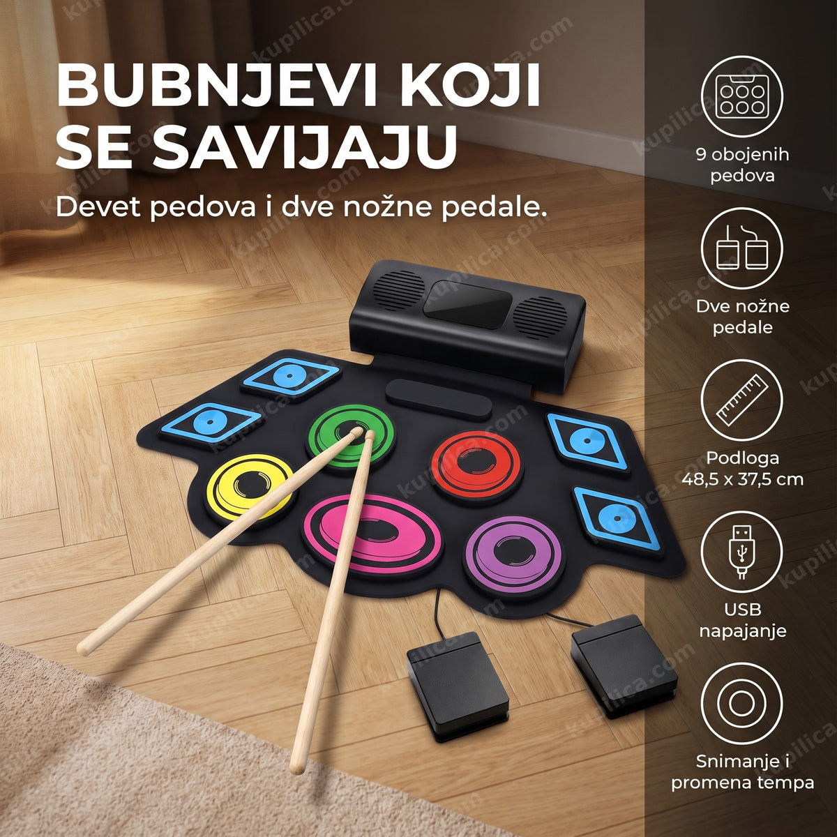 savitljivi električni bubnjevi za decu sa devet obojenih pedova na parketu