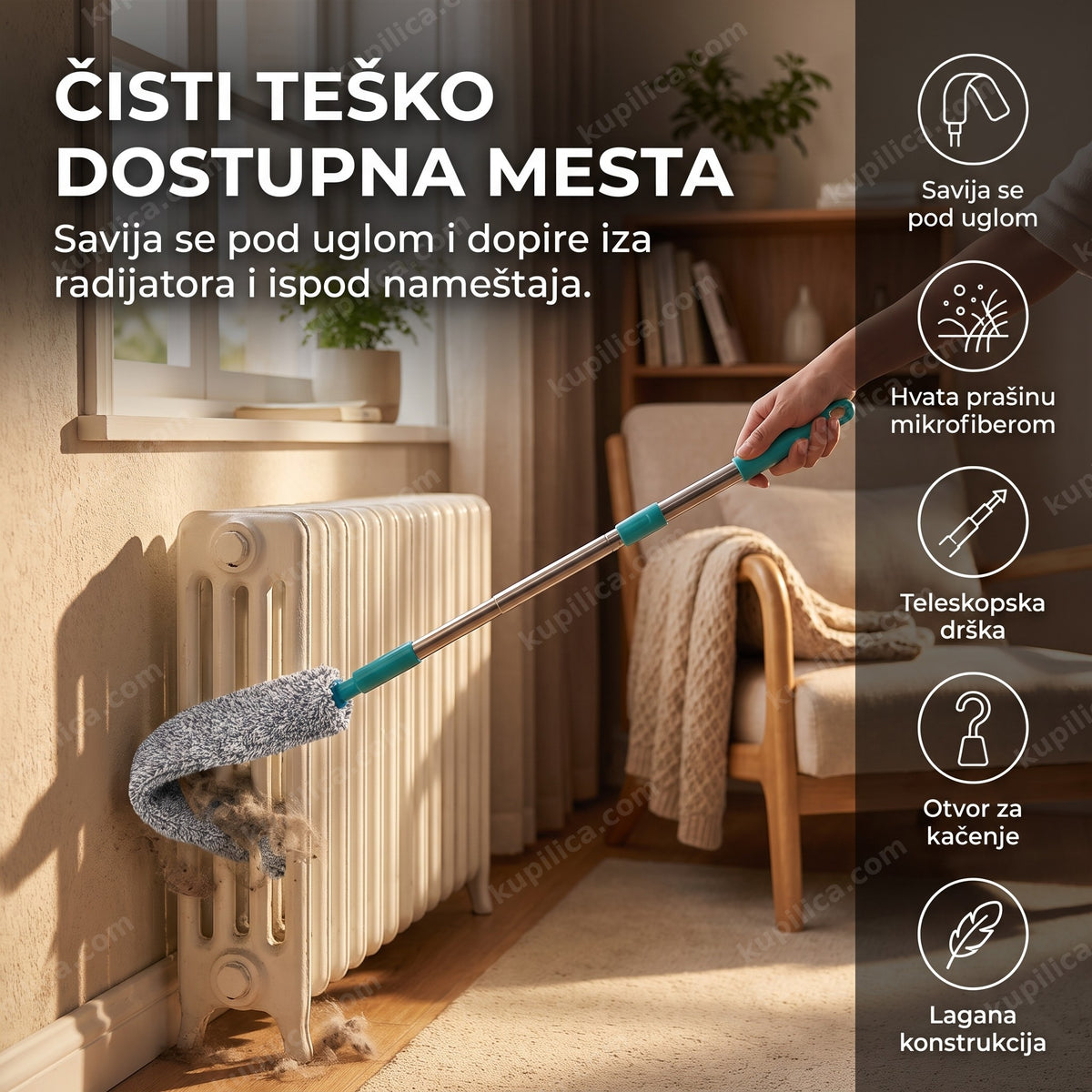 savitljivo brisko za teško dostupna mesta savija se iza radijatora u domu, benefiti proizvoda