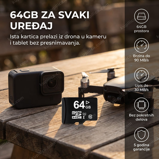 SD kartica 64GB pored akcione kamere i drona, prikaz benefita proizvoda
