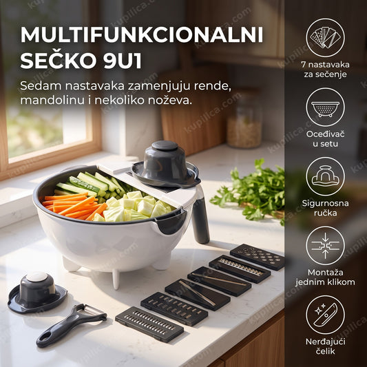 Kuhinjski sečko 9u1 sa nastavcima i isečenim povrćem u posudi