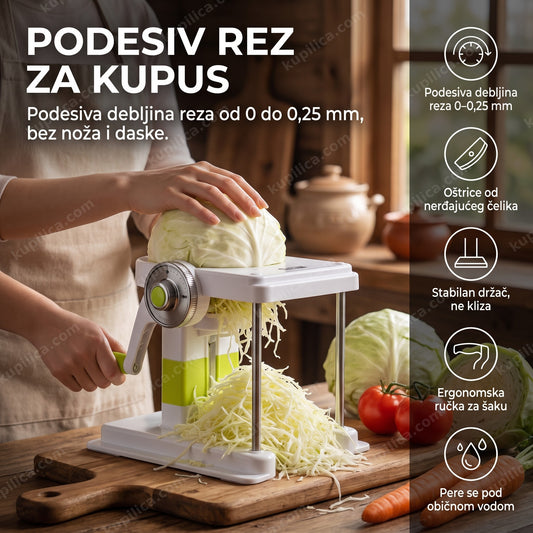 sečko za kupus seče glavicu na dasci u kuhinji, benefiti proizvoda