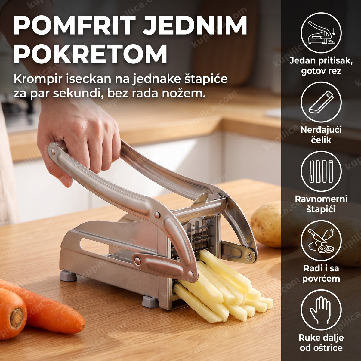 sečko za pomfrit seče krompir na štapiće u kuhinji, benefiti proizvoda