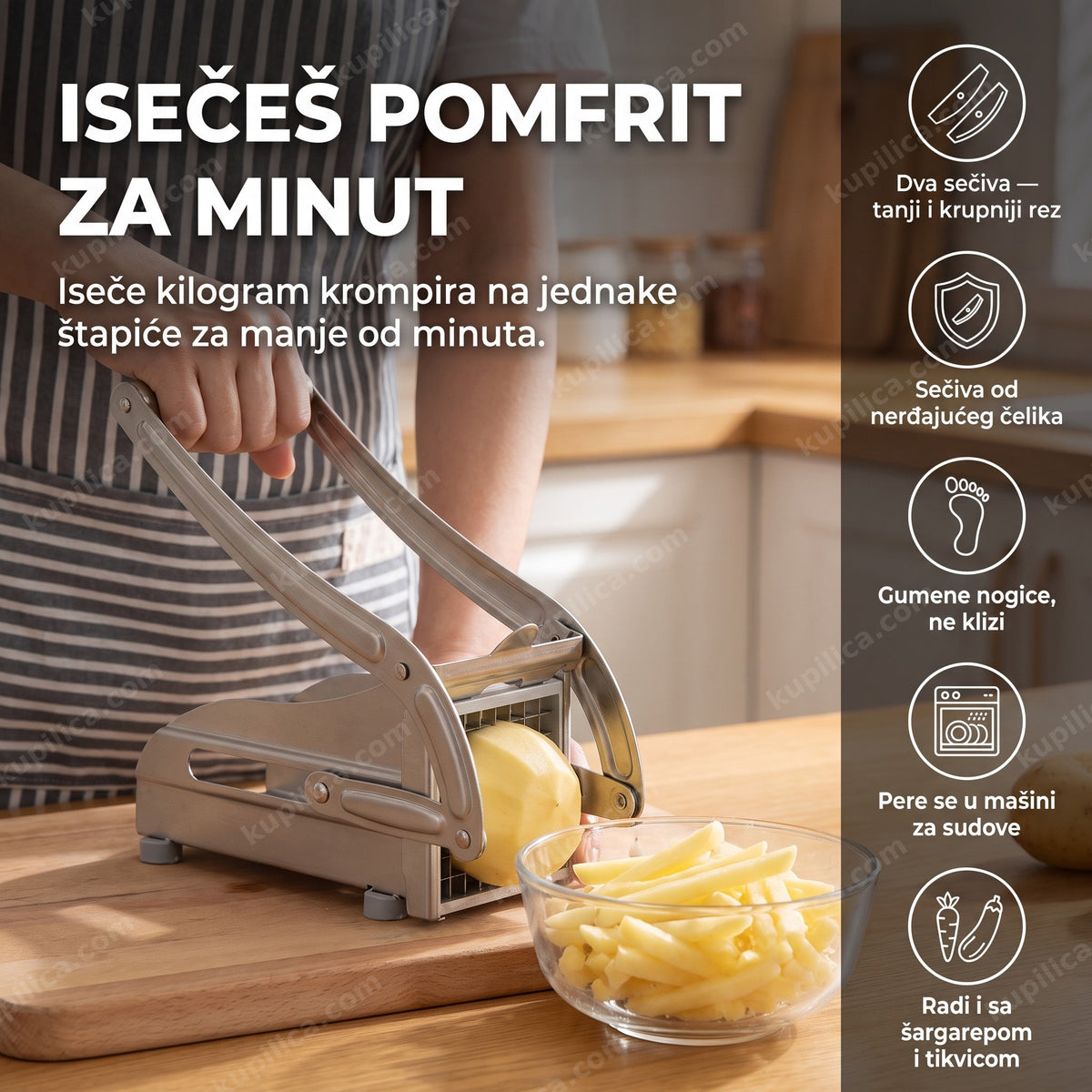 sečko za pomfrit iseca krompir na štapiće na dasci u kuhinji, benefiti proizvoda