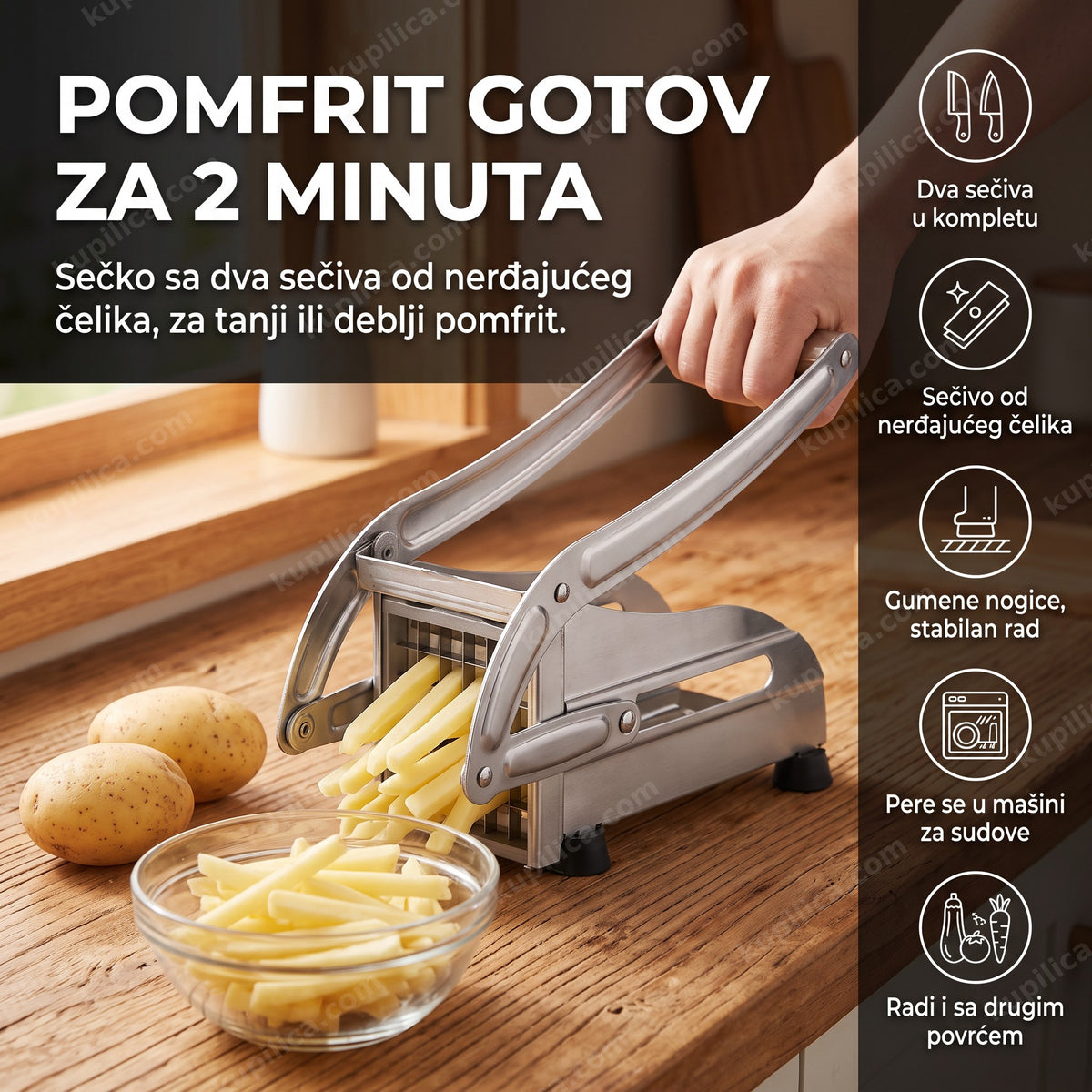 sečko za pomfrit od nerđajućeg čelika seče krompir na štapiće u kuhinji, benefiti proizvoda