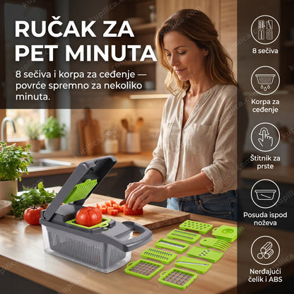secko za povrće 16u1 — priprema ručka kod kuće, 8 sečiva i korpa za ceđenje