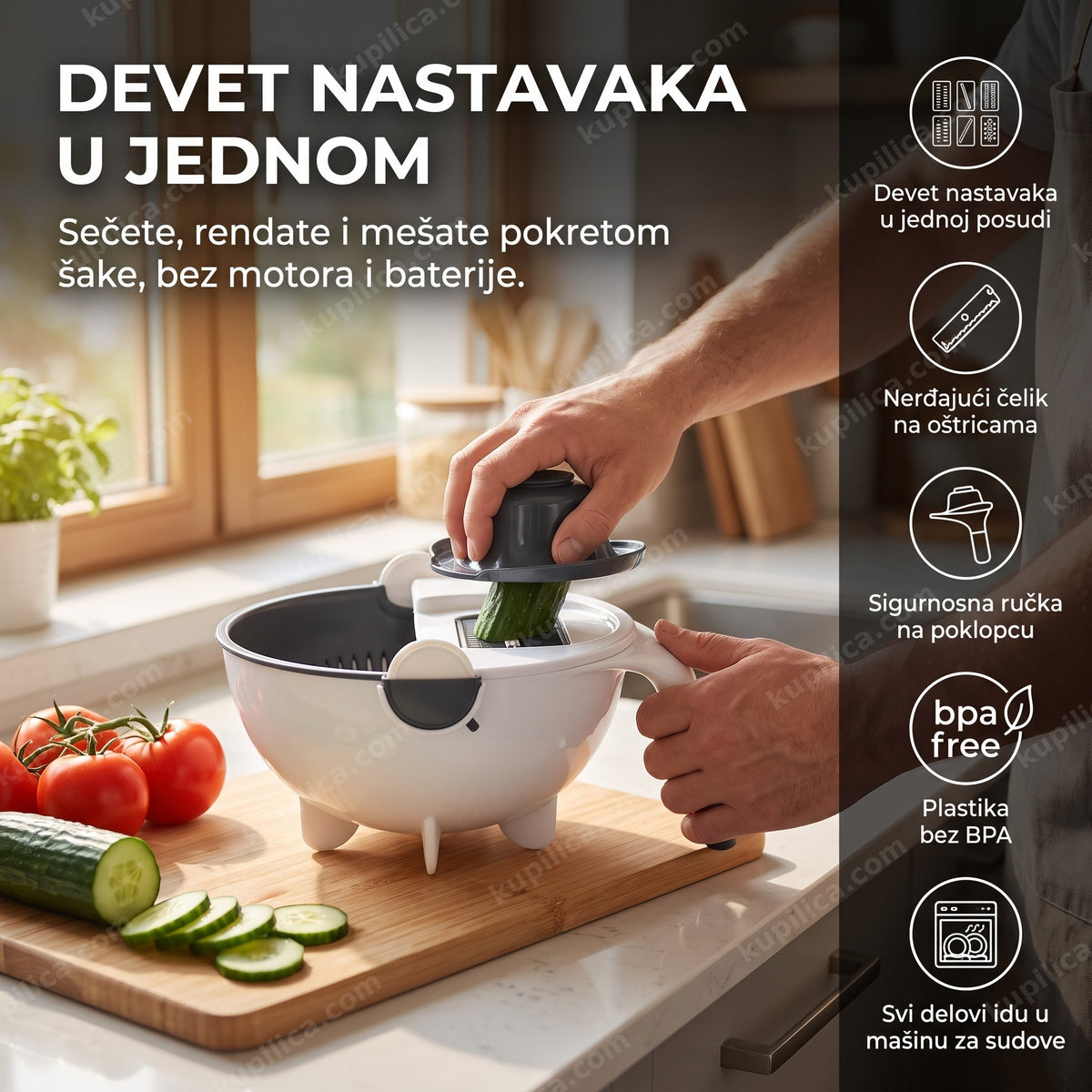 sečko za povrće 9 u 1 na kuhinjskom stolu tokom seckanja krastavca, benefiti proizvoda