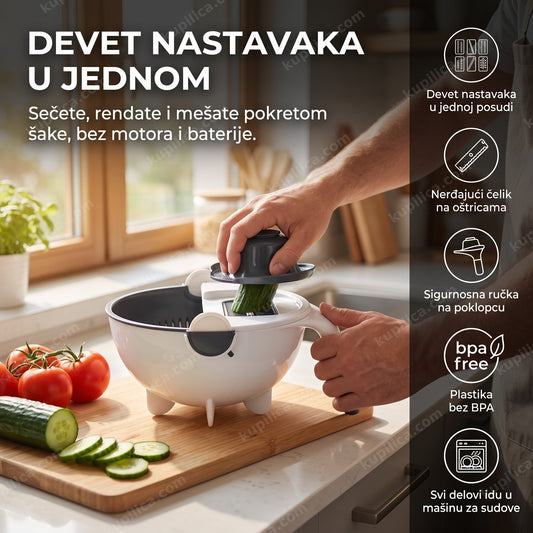 sečko za povrće 9 u 1 na kuhinjskom stolu tokom seckanja krastavca, benefiti proizvoda