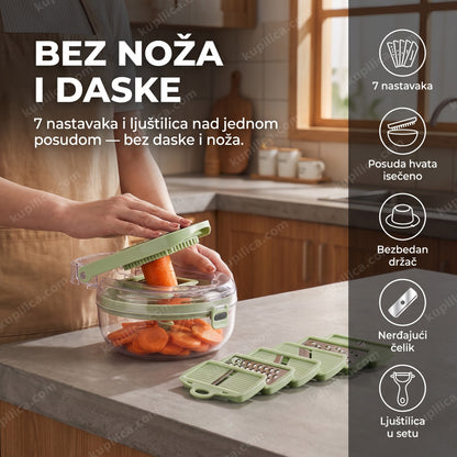 secko za povrće 9u1 — žena seče povrće kod kuće bez daske i noža, 7 nastavaka i posuda