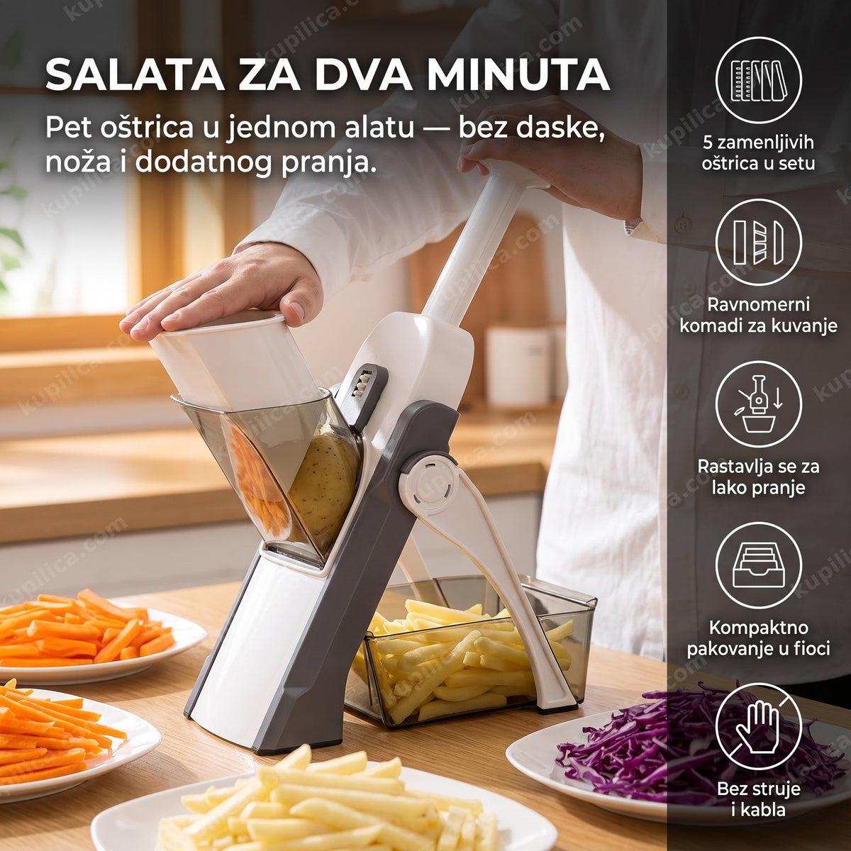 sečko za povrće sa pet oštrica priprema pomfrit i salatu u kuhinji, benefiti proizvoda